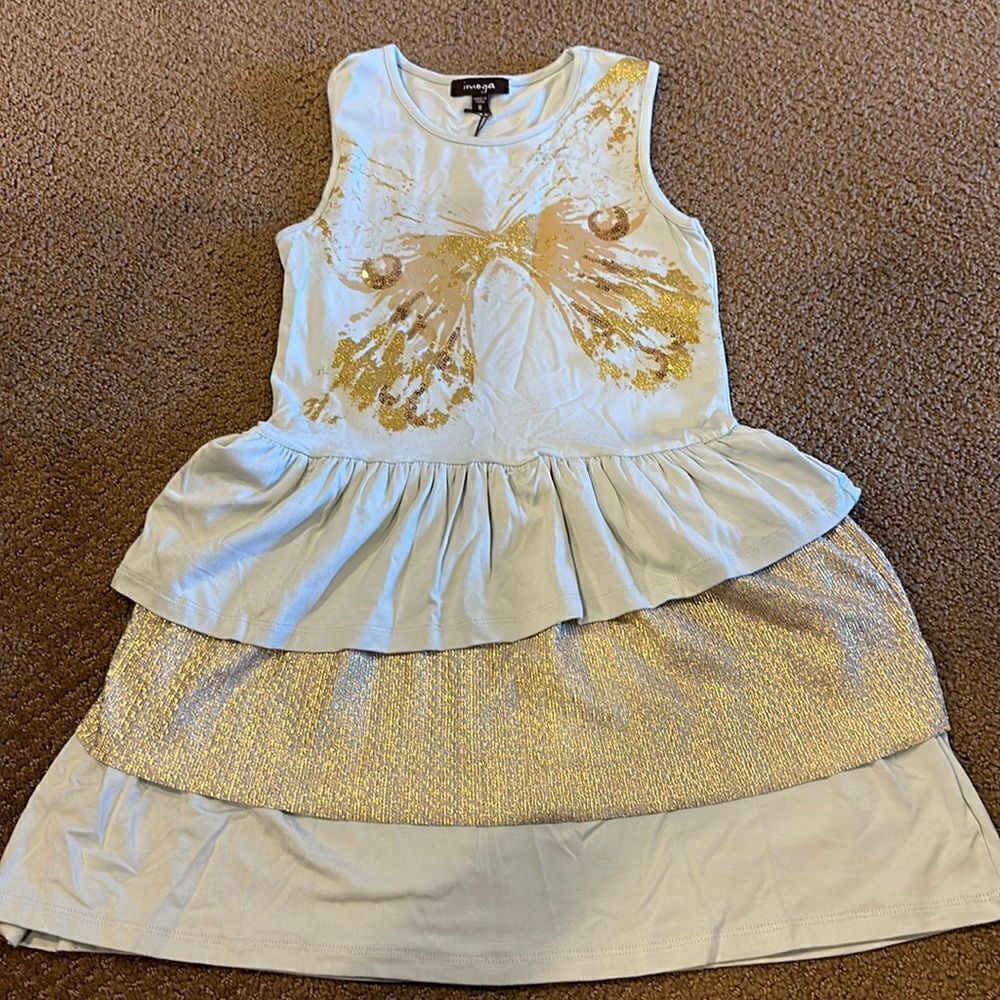 Imoga Girls Grey & Gold Butterfly Layered Tank Dress